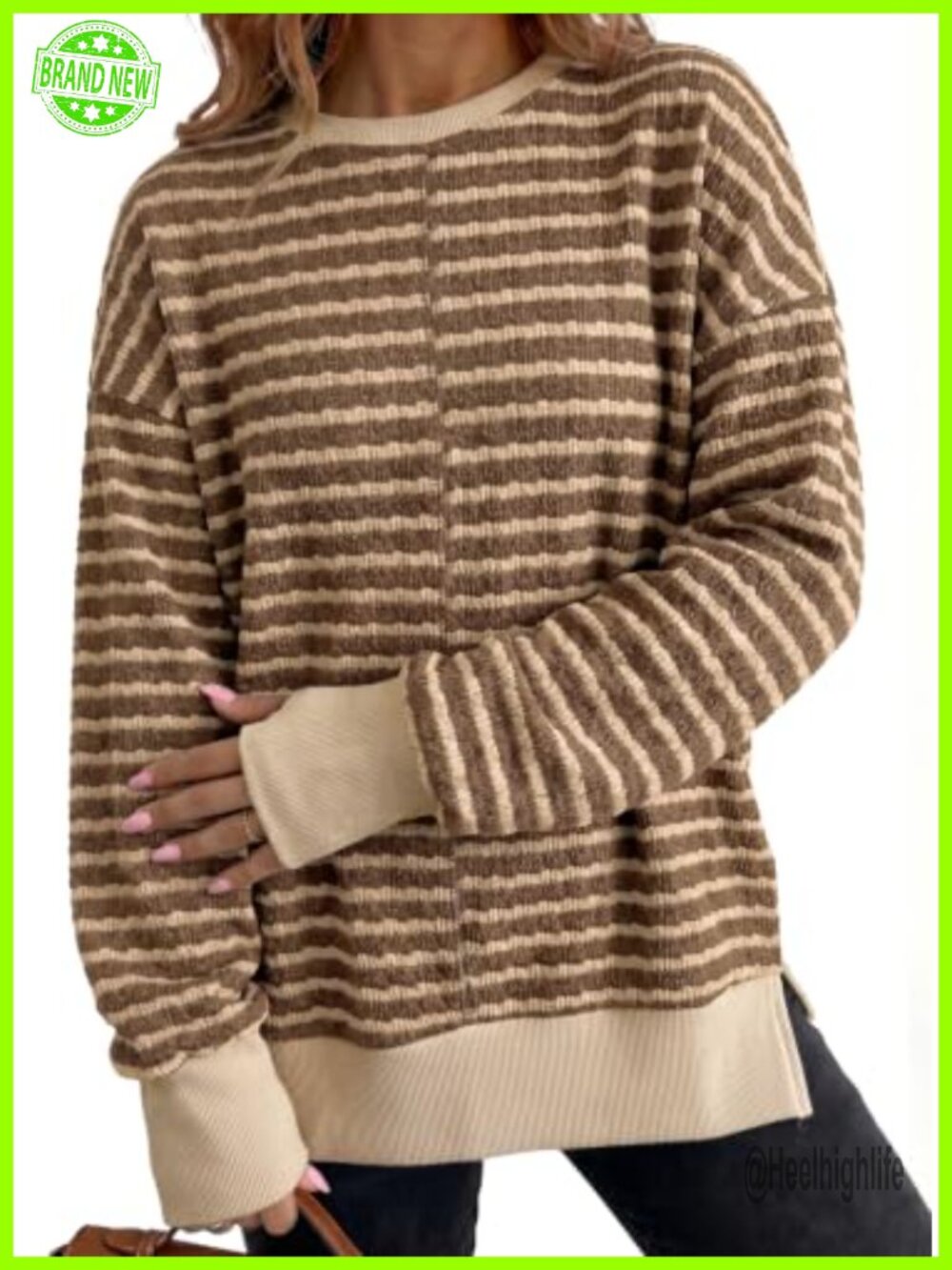 Womens Striped Crew Neck Sweatshirt Side Slit Relaxed Fit Fall Pullover